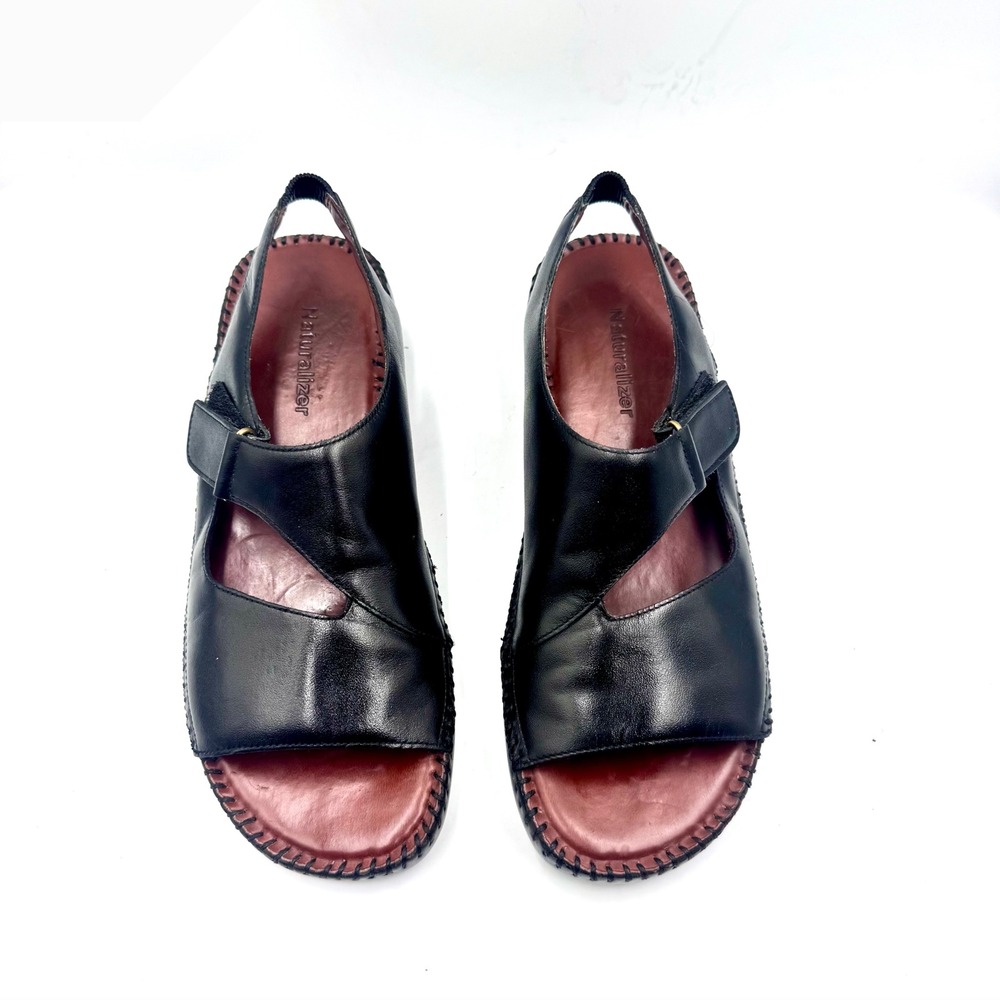 Naturalizer Black Leather Slingback Sandals Whipstitch Wedge 9N 810N89 Brazil